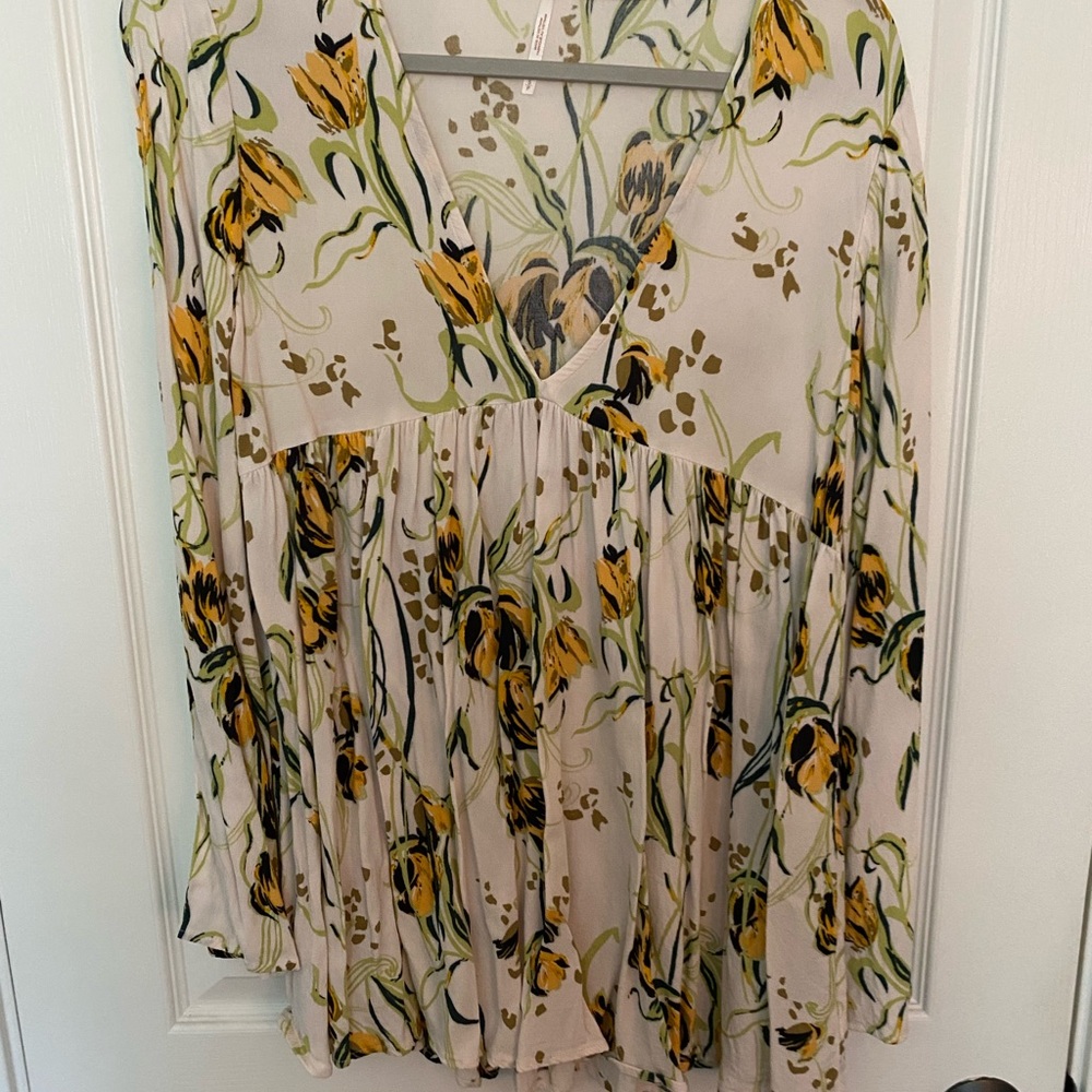Free People Floral V-Neck Blouse - Cream and Yellow